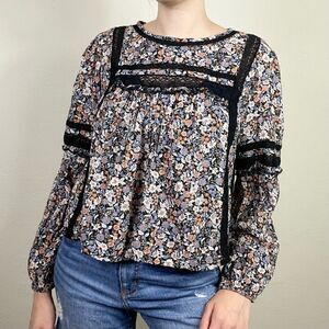 American Eagle Black Floral Lace Trim Long Sleeve Open Tie Back Blouse Size L